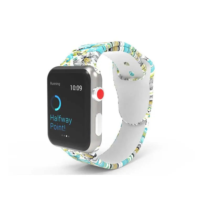 Silicone Apple Watch band with colourful tie-dye pattern showing both standard and long size options