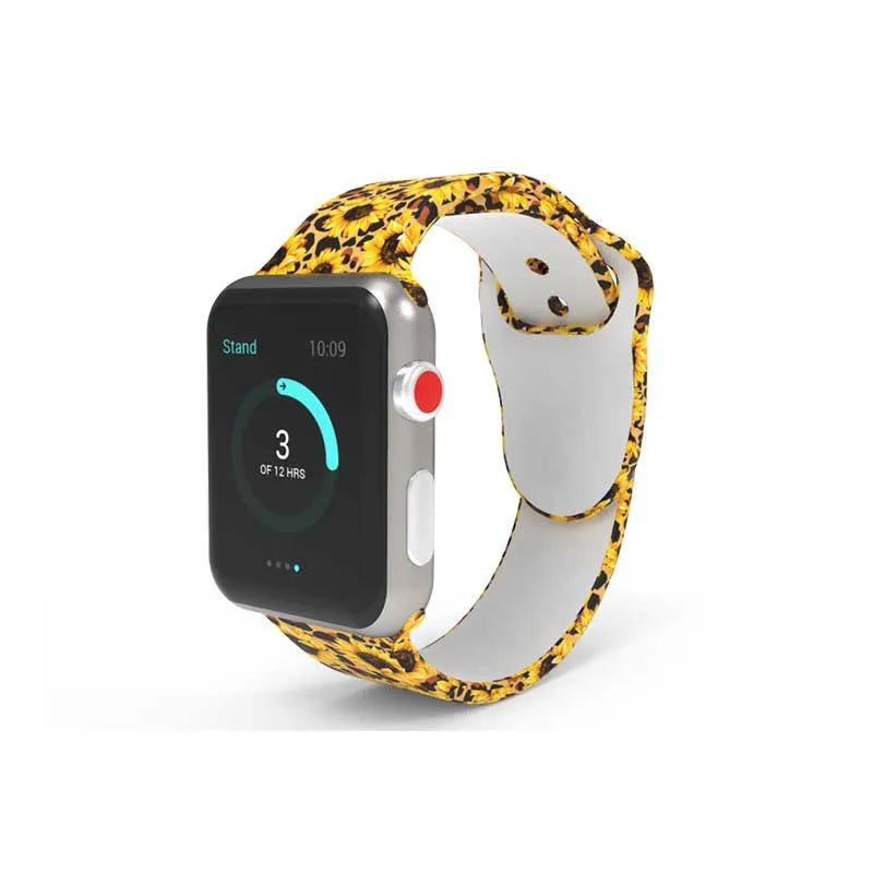 Silicone Apple Watch band with colourful tie-dye pattern showing both standard and long size options