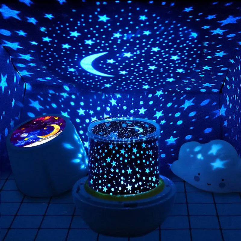 Pruixin rotating projector night light showing star patterns on a wall.