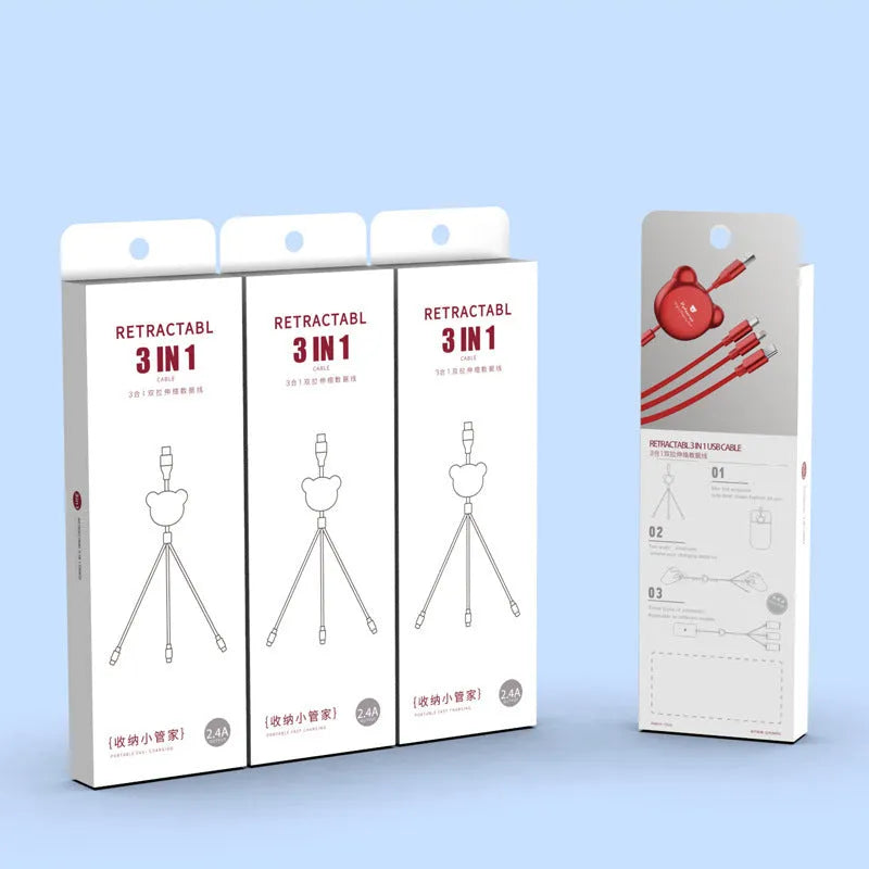 Cute bear-shaped cable organiser with three retractable data cables extended, showing Mini USB, Micro USB, and 30PIN connectors.