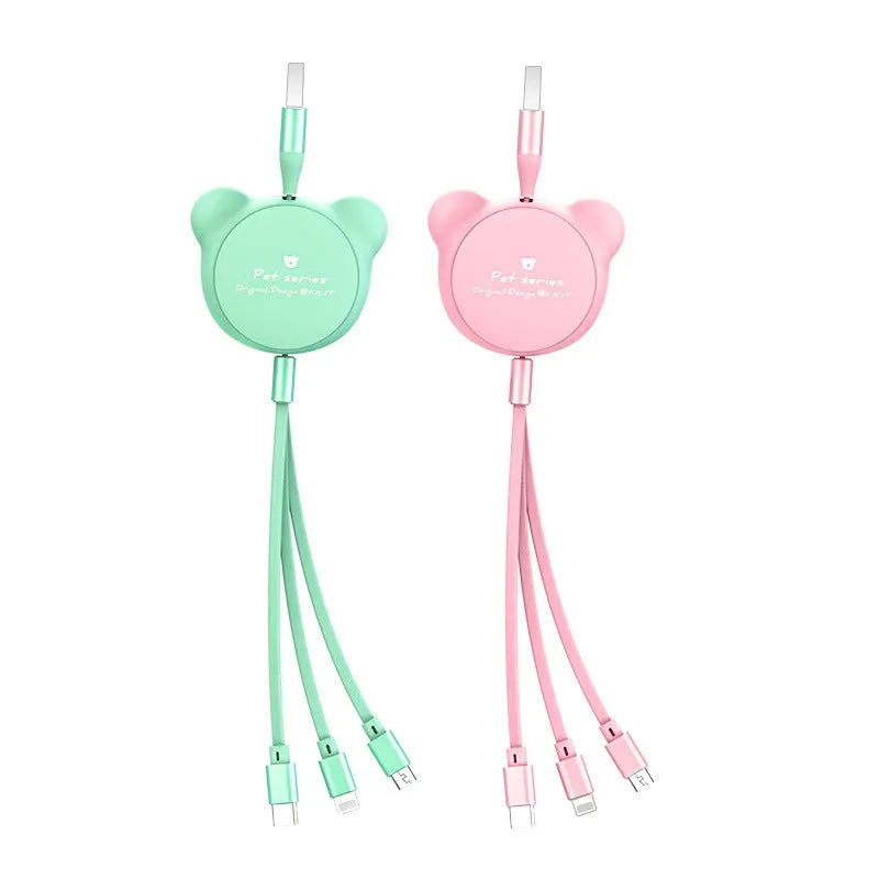 Cute bear-shaped cable organiser with three retractable data cables extended, showing Mini USB, Micro USB, and 30PIN connectors.