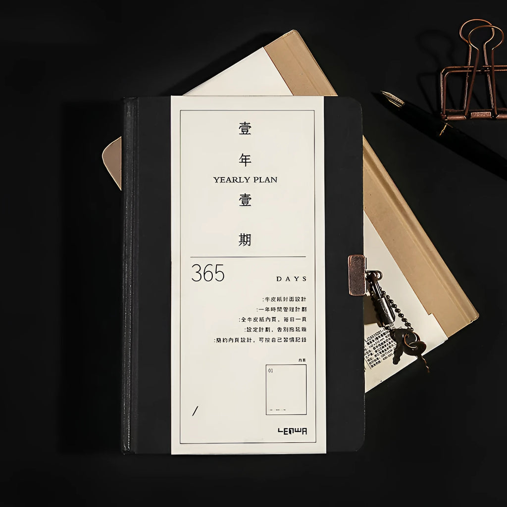 Locked A5 hardcover diary notebook with combination lock in beige camel and ya black colour options.