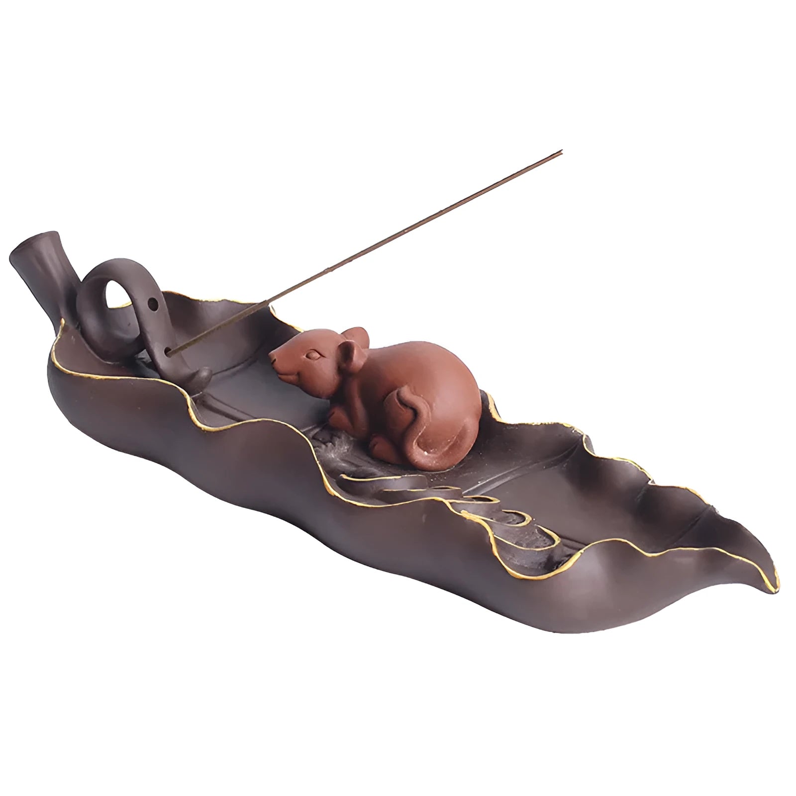 Dehua purple clay ceramic lying incense burner with gold rat design, 17 cm length