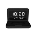 White wireless charger alarm clock showing time, calendar, temperature display with phone charging