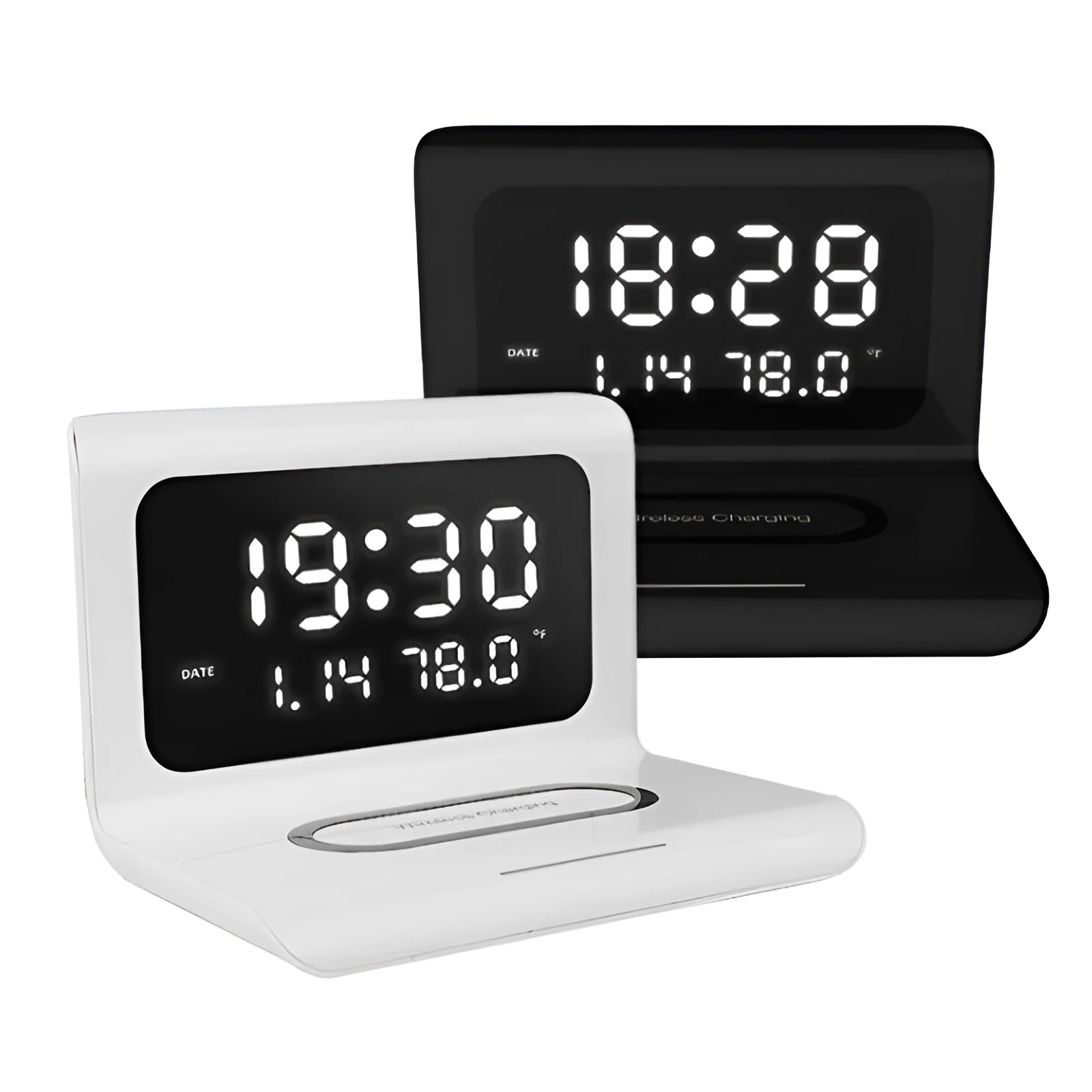 White wireless charger alarm clock showing time, calendar, temperature display with phone charging