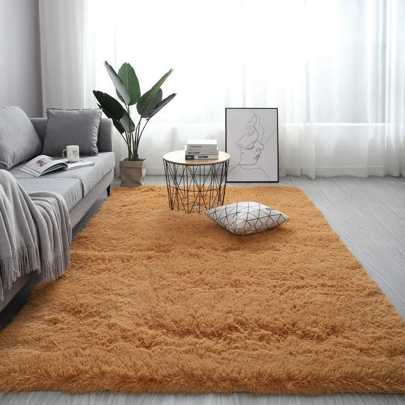Nordic style rectangular plush carpet with anti-slip backing in beige colour on wooden floor
