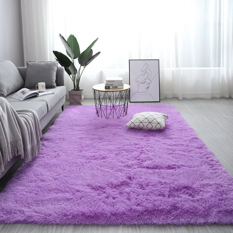 Nordic style rectangular plush carpet with anti-slip backing in beige colour on wooden floor