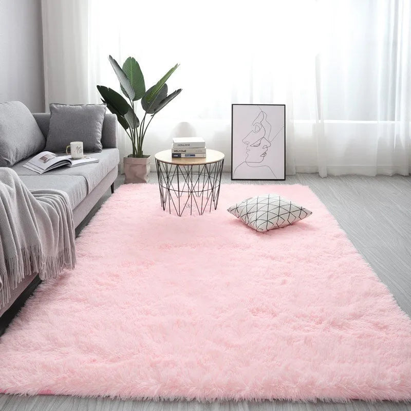 Nordic style rectangular plush carpet with anti-slip backing in beige colour on wooden floor