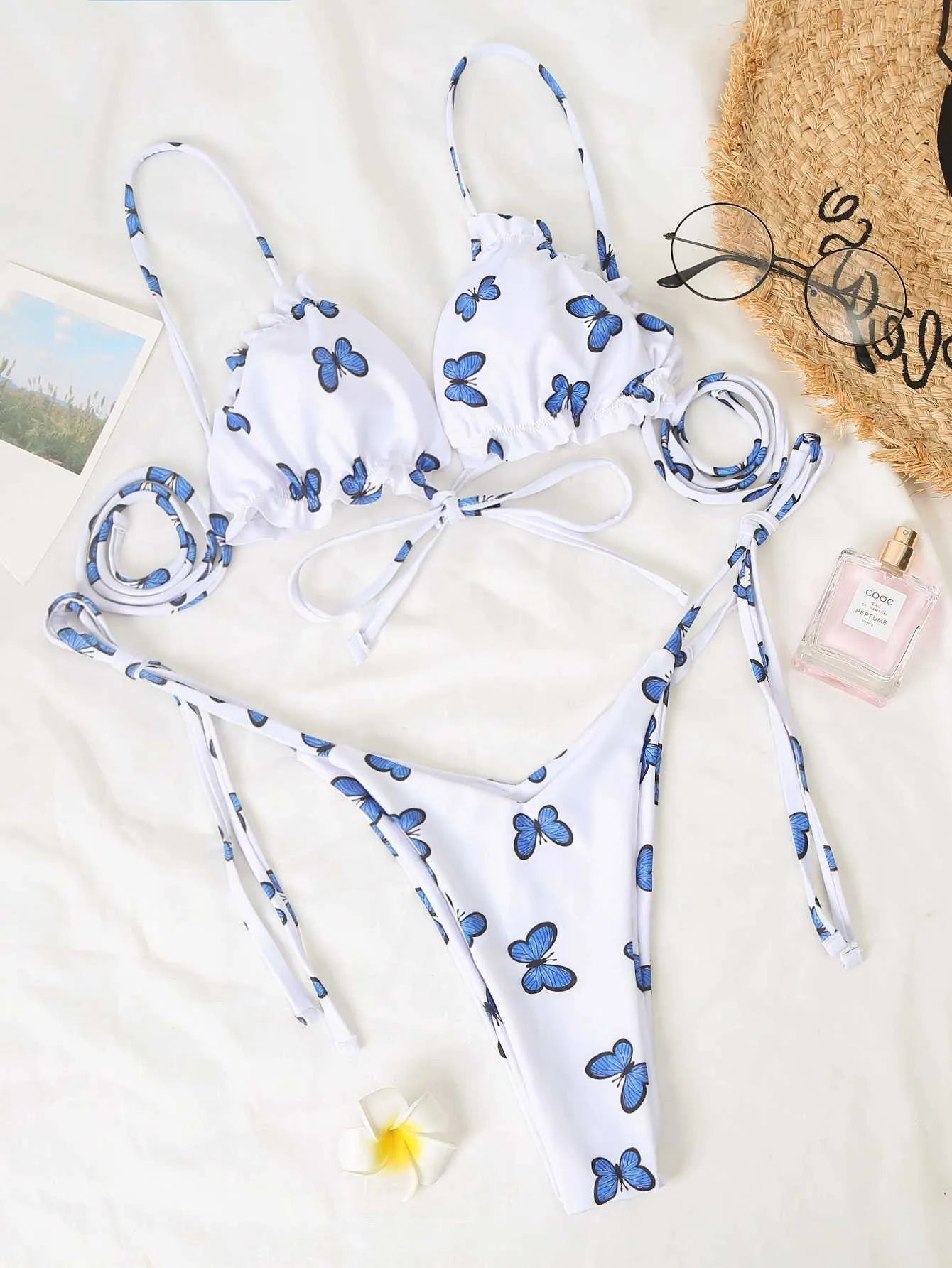 White butterfly print bikini with lace thong side, steel support, polypropylene fabric