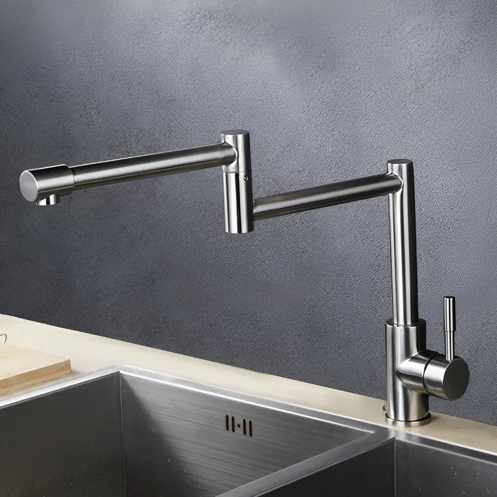 Stainless steel kitchen tap with rotating spout and dual hot and cold water controls