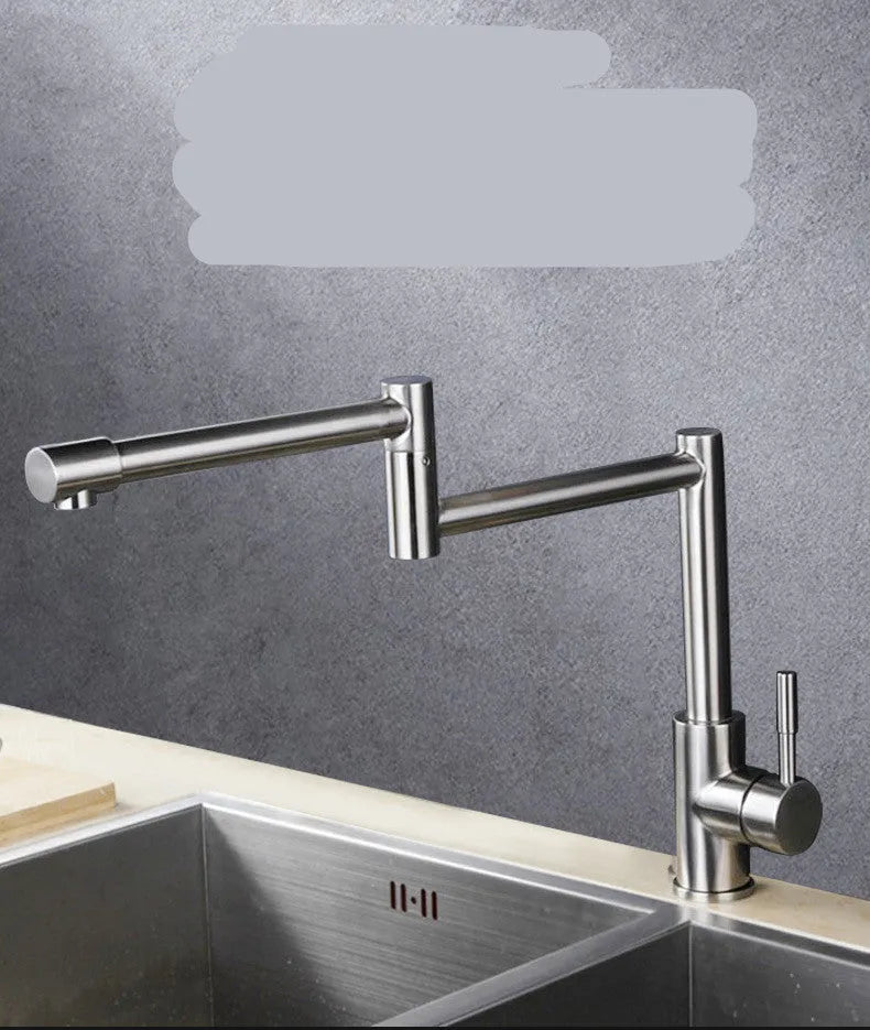 Stainless steel kitchen tap with rotating spout and dual hot and cold water controls