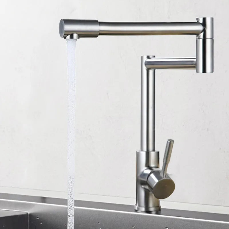 Stainless steel kitchen tap with rotating spout and dual hot and cold water controls