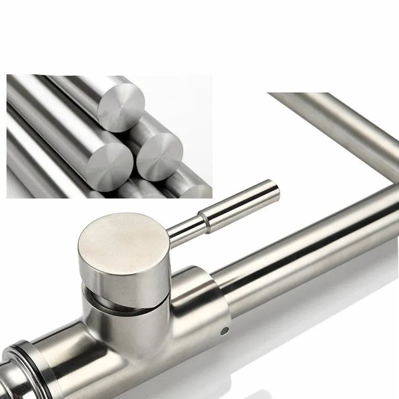Stainless steel kitchen tap with rotating spout and dual hot and cold water controls