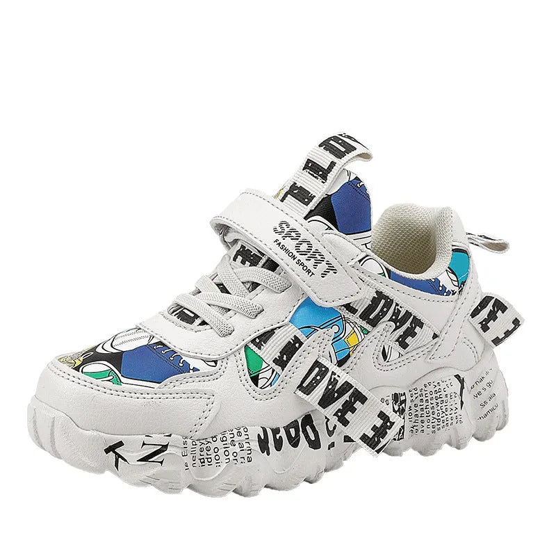 Kids sports sneakers with Velcro fastening in beige blue, white red and bright red colours