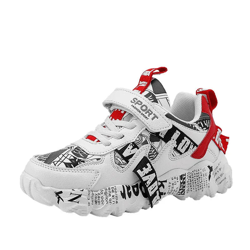 Kids sports sneakers with Velcro fastening in beige blue, white red and bright red colours
