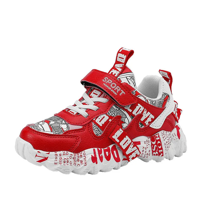 Kids sports sneakers with Velcro fastening in beige blue, white red and bright red colours