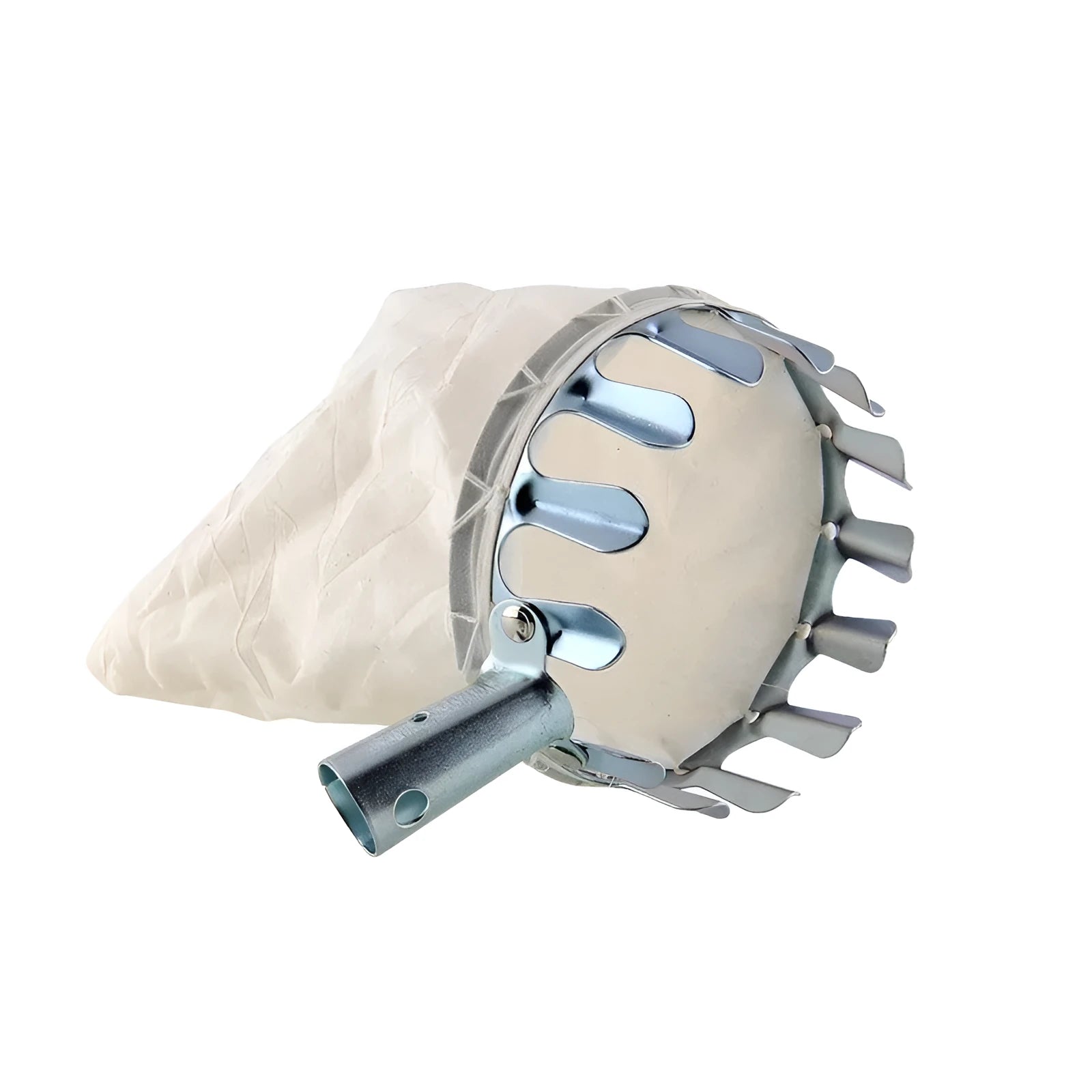 Steel-framed fruit picker garden tool with cloth bag for harvesting apples, pears, and citrus