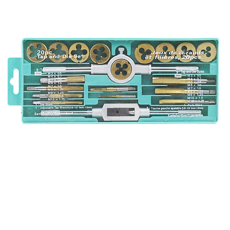 Alloy steel hand tap and die set with two 20-piece metric tap collections and a wrench.