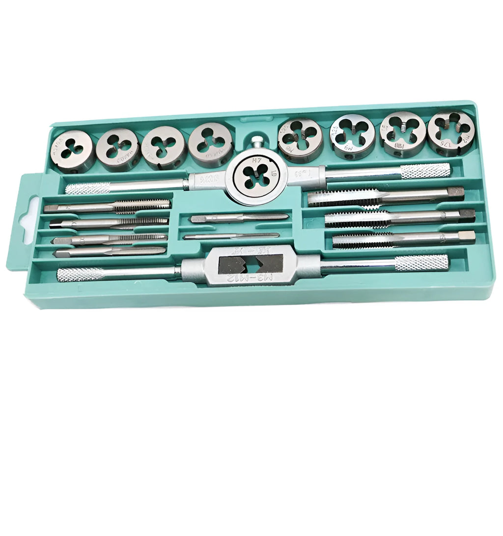 Alloy steel hand tap and die set with two 20-piece metric tap collections and a wrench.