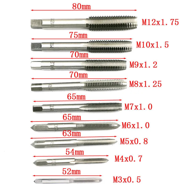 Alloy steel hand tap and die set with two 20-piece metric tap collections and a wrench.