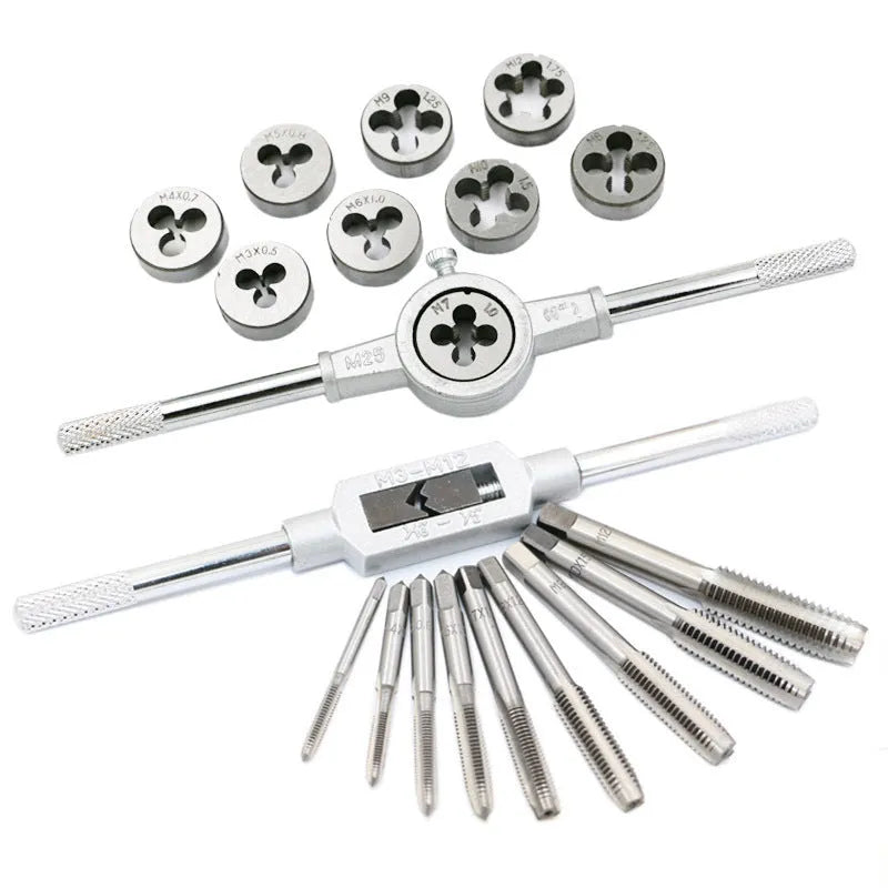 Alloy steel hand tap and die set with two 20-piece metric tap collections and a wrench.