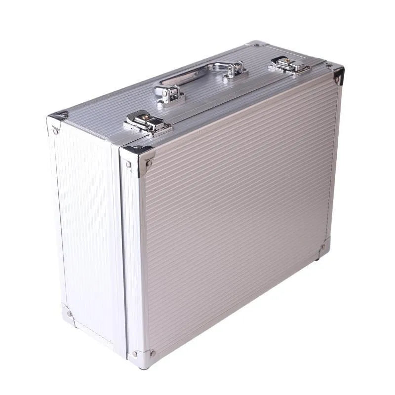 Black aluminium alloy tattoo equipment storage box for machines and inks.
