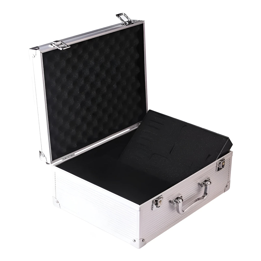 Black aluminium alloy tattoo equipment storage box for machines and inks.