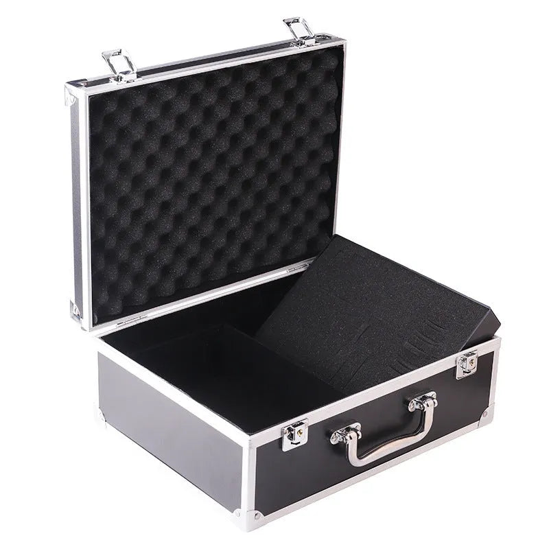 Black aluminium alloy tattoo equipment storage box for machines and inks.