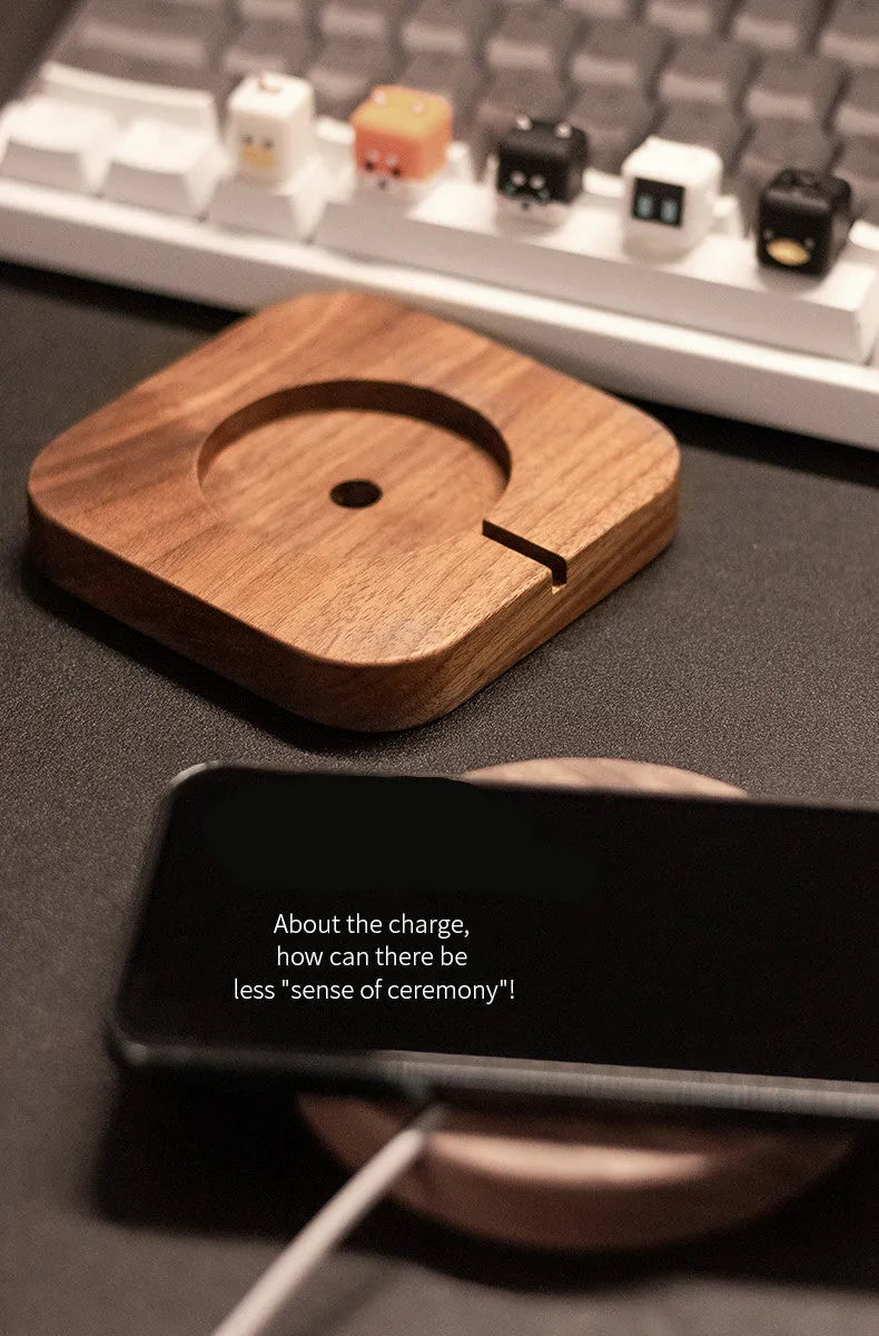 Walnut wood magnetic wireless charger base with round and square section options on desktop