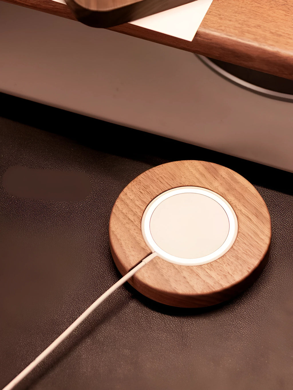 Walnut wood magnetic wireless charger base with round and square section options on desktop