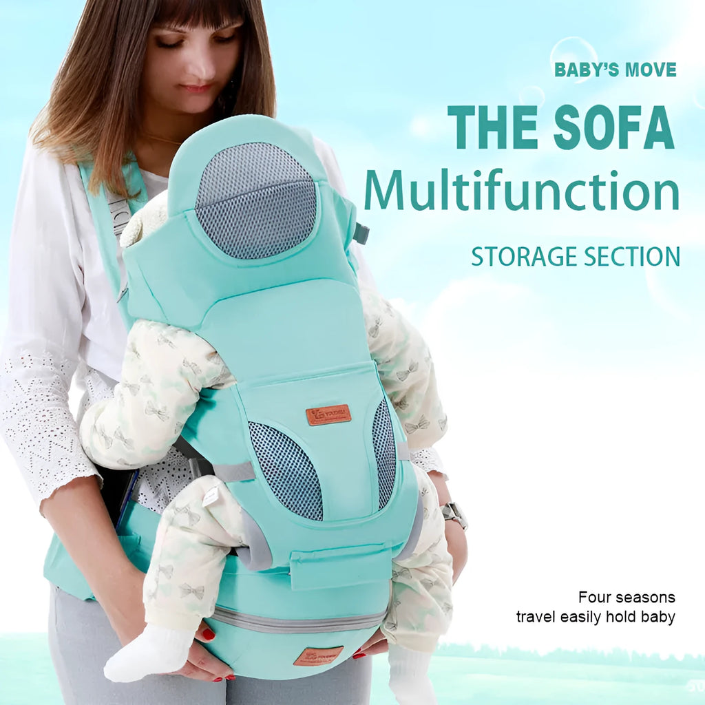 Ergonomic baby carrier 0-48 months with hipseat, front facing mode, polyester construction, 15kg capacity