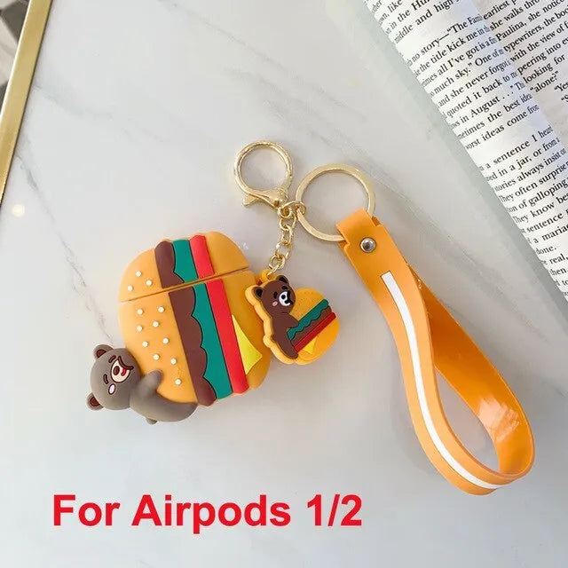 Cartoon silicone protective case for AirPods showing full-body cover with colourful design.
