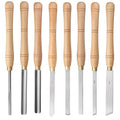 Eight chrome vanadium steel woodworking turning tools mounted in wooden storage box