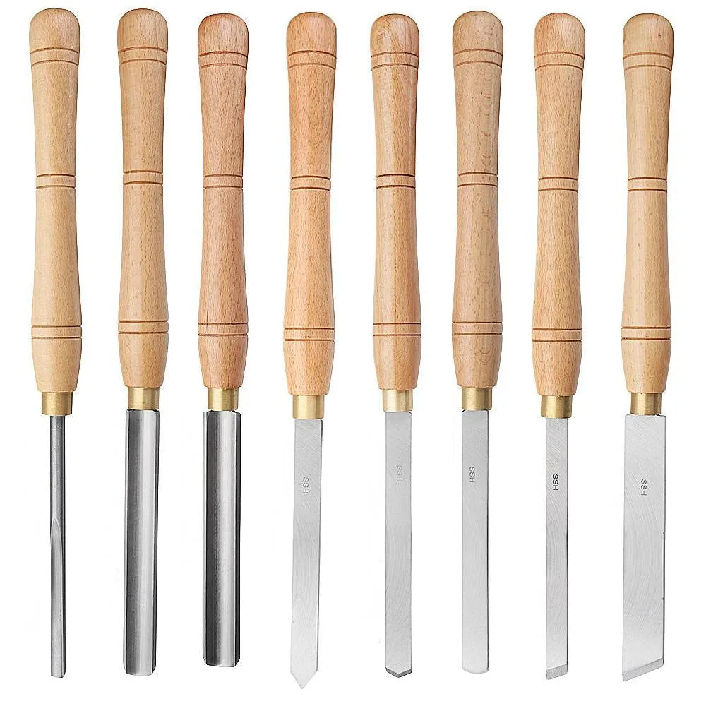 Eight chrome vanadium steel woodworking turning tools mounted in wooden storage box