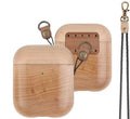 Solid wood protective sleeve for AirPods charging case in walnut finish with leather hand strap