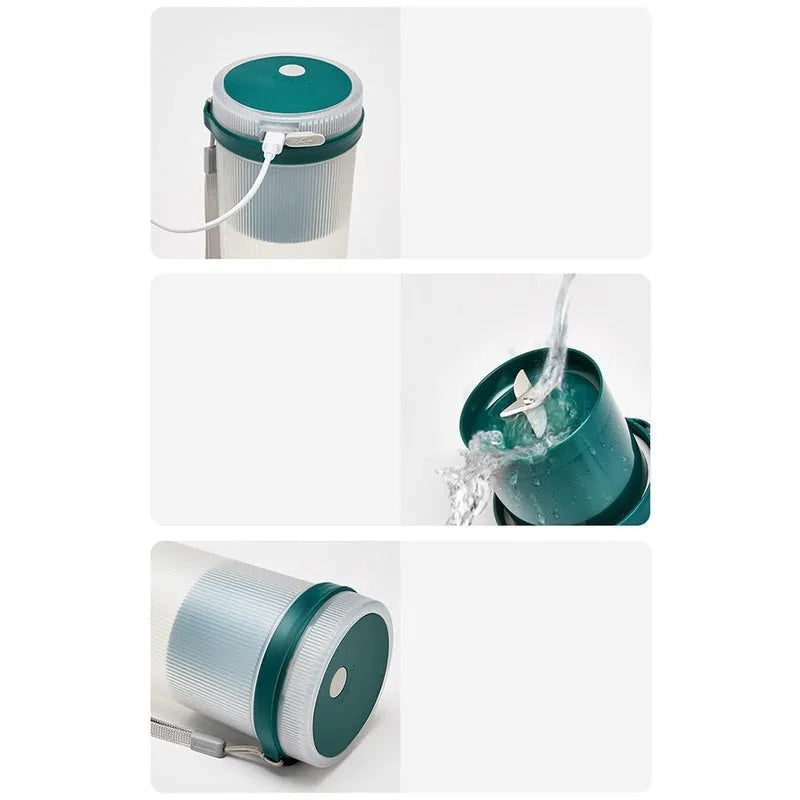 Pink and green portable electric juicer cup with USB charging port and round feeding lid.