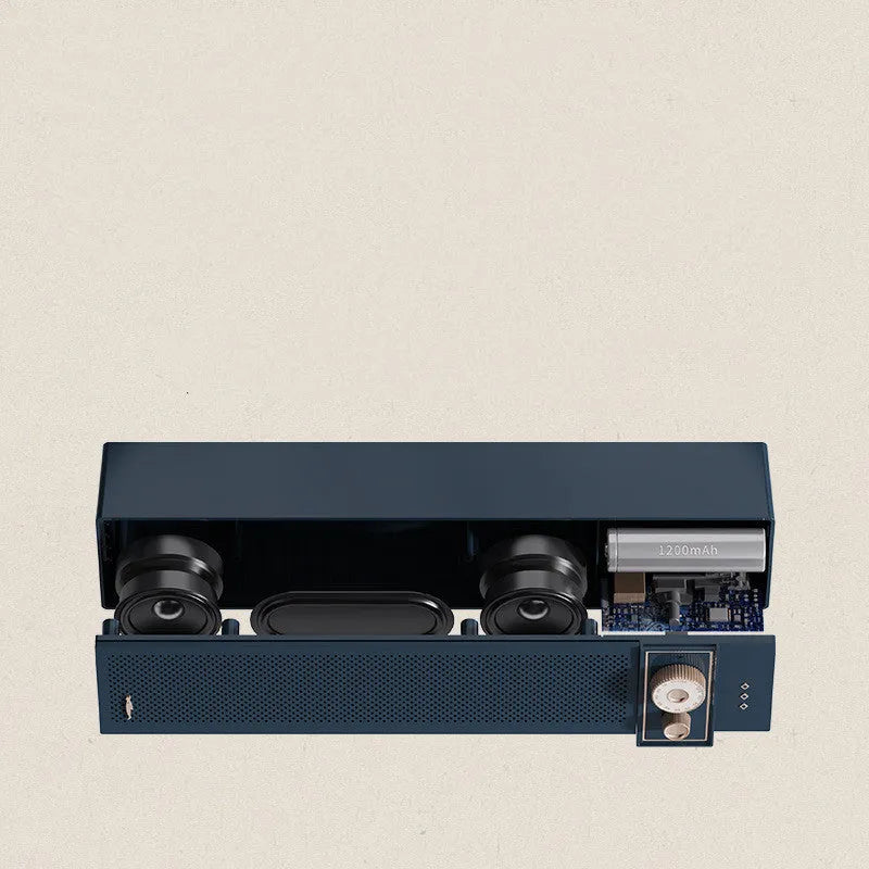 Retro-style portable Bluetooth speaker in blue colour with TF card slot and auxiliary input