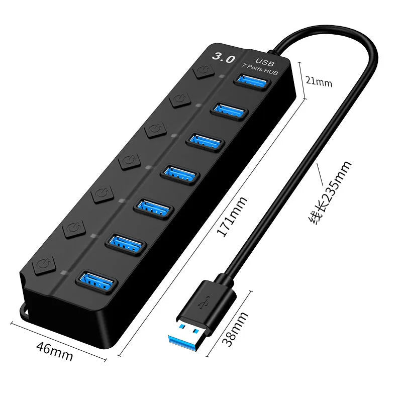 Black 7-port USB 3.0 hub with external power adapter for desktop and laptop computers.