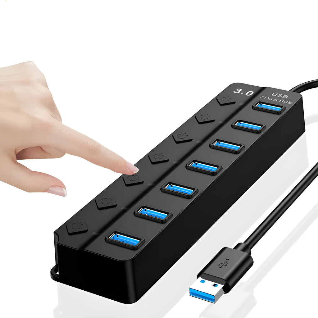 Black 7-port USB 3.0 hub with external power adapter for desktop and laptop computers.