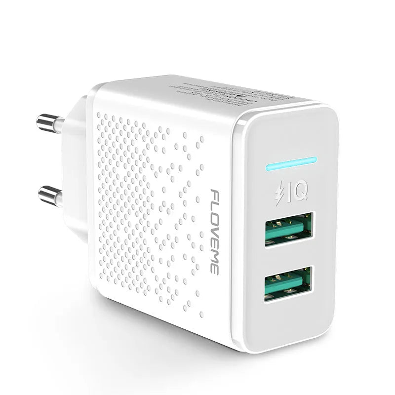 Dual port USB wall charger with EU plug in black or white colour options