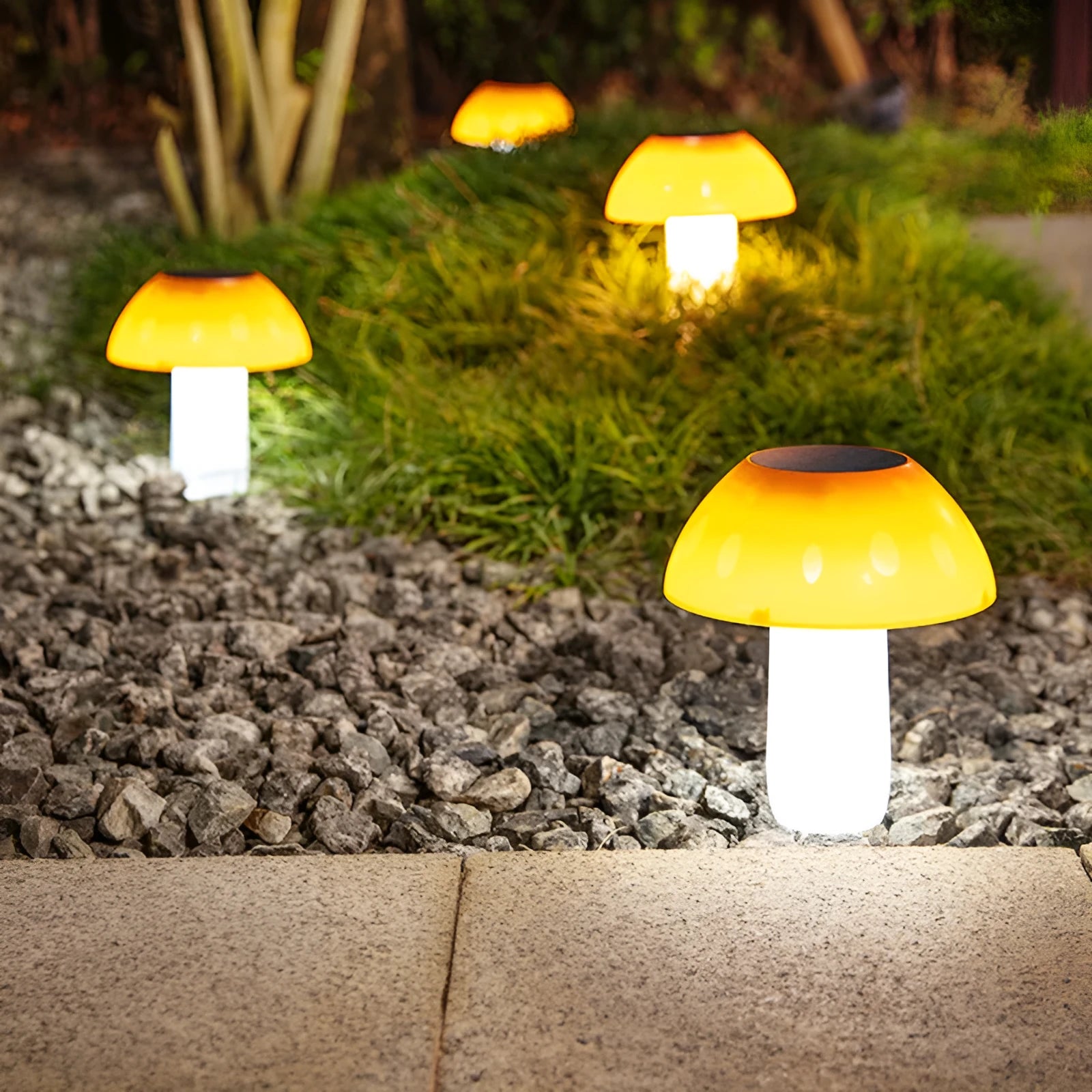 Solar mushroom garden light with ground spike for lawn installation