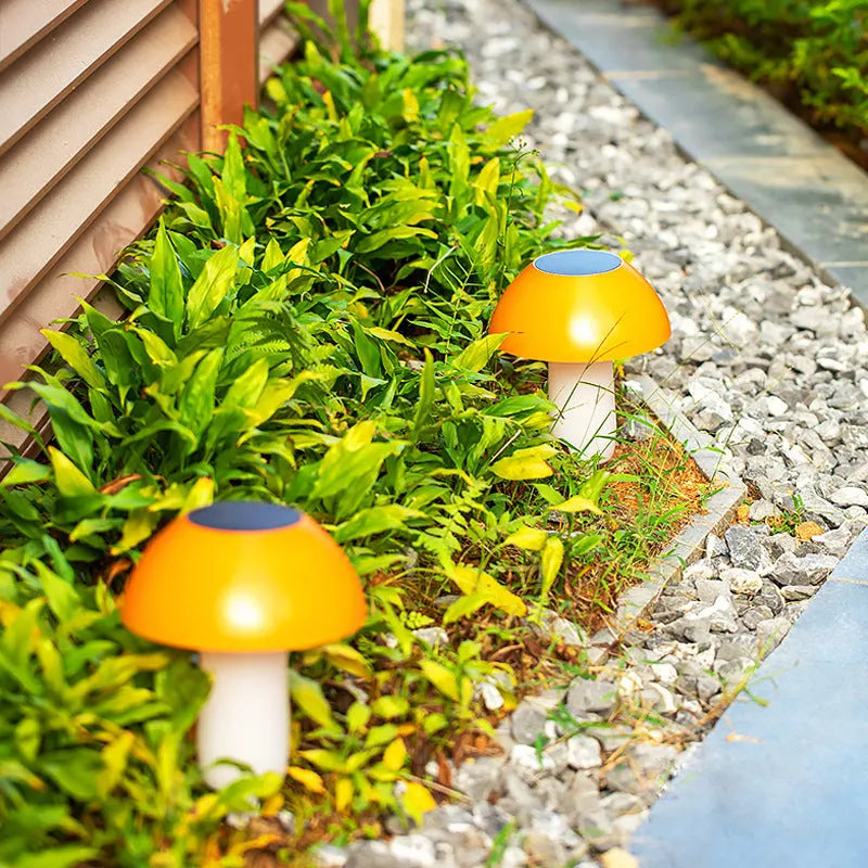 Solar mushroom garden light with ground spike for lawn installation