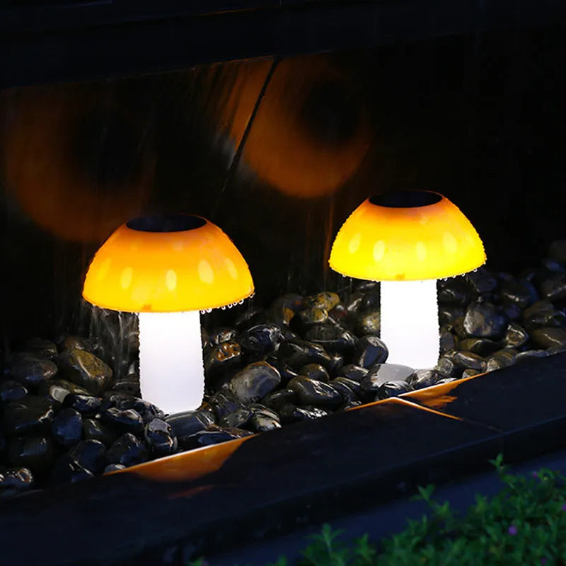 Solar mushroom garden light with ground spike for lawn installation