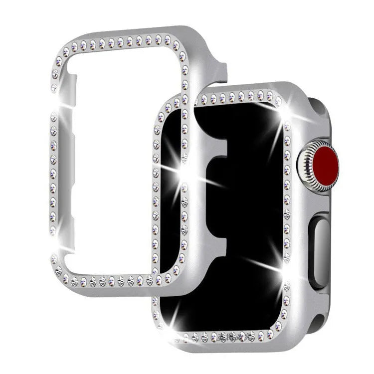 Aluminium alloy diamond frame protective case for Apple Watch in silver, black, rose gold, rose pink, and gold colours.