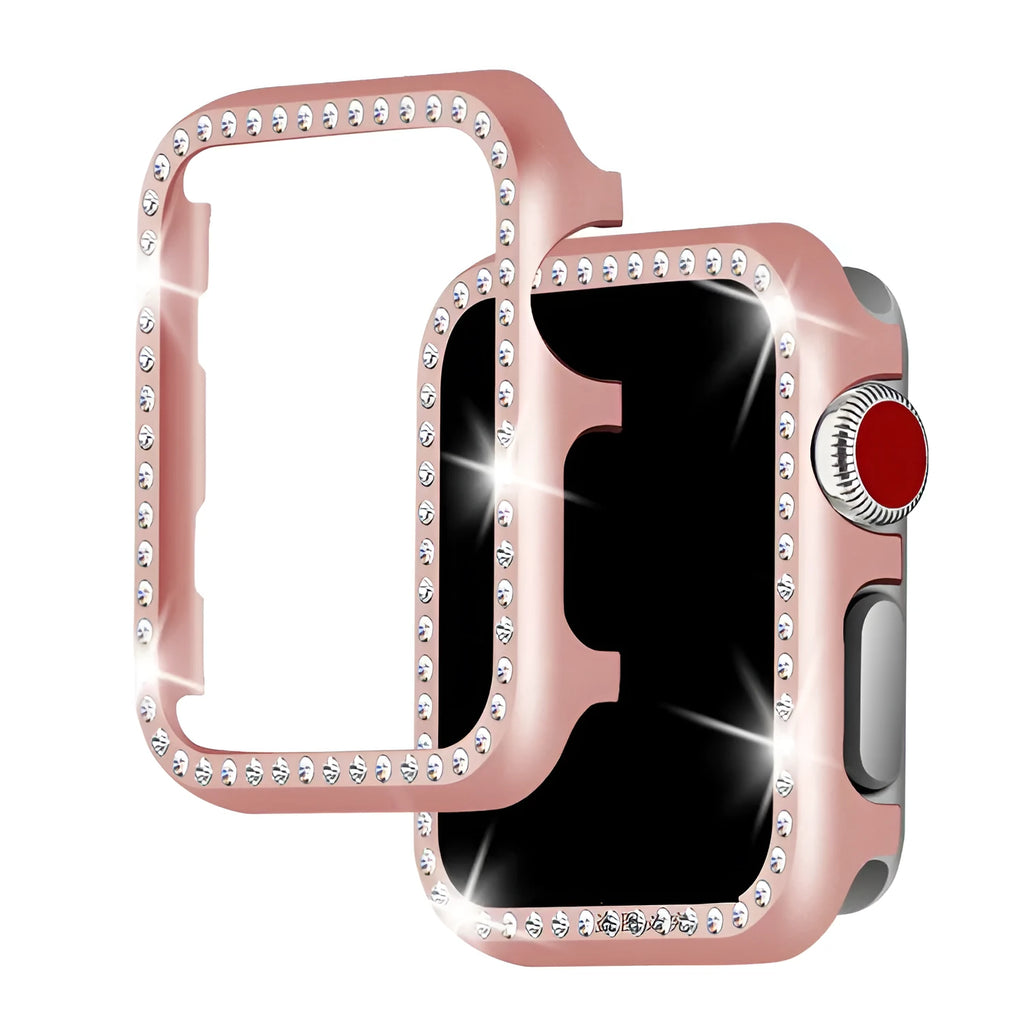 Aluminium alloy diamond frame protective case for Apple Watch in silver, black, rose gold, rose pink, and gold colours.