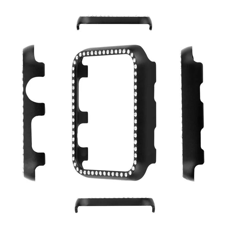 Aluminium alloy diamond frame protective case for Apple Watch in silver, black, rose gold, rose pink, and gold colours.