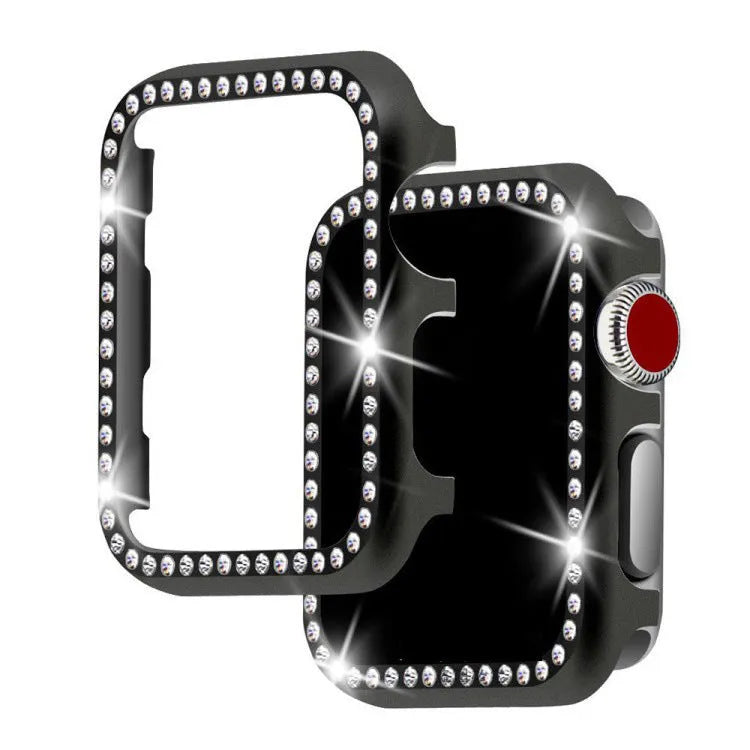 Aluminium alloy diamond frame protective case for Apple Watch in silver, black, rose gold, rose pink, and gold colours.