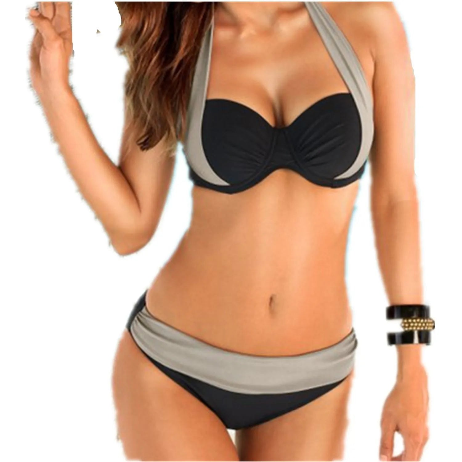 Women's halter bikini swimsuit high-waist with steel support chest pad solid colour floral gradient navy backless