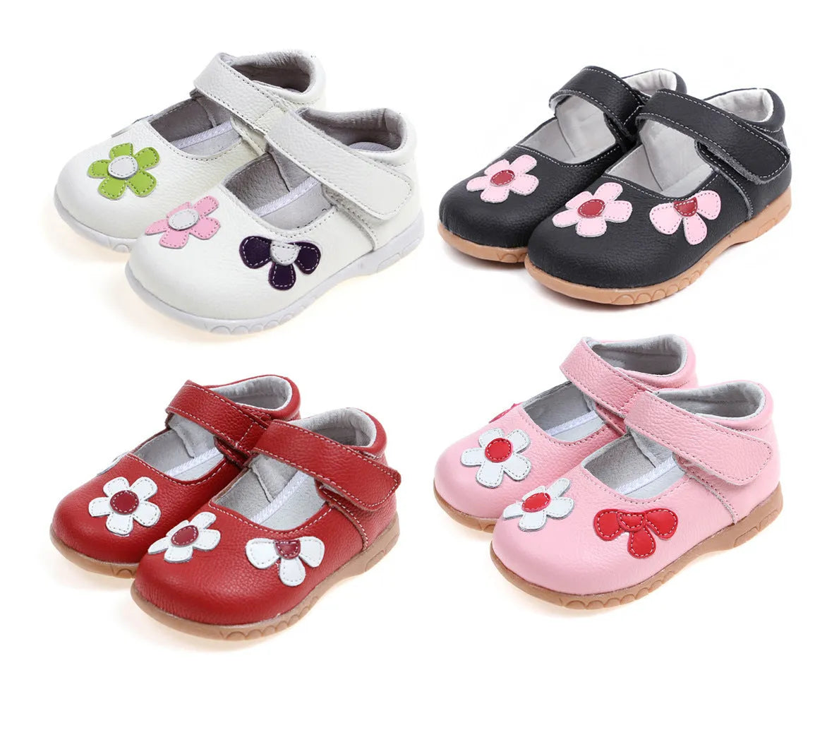 A pair of embroidered leather baby shoes with velcro fastening and a square toe, shown on a white background.