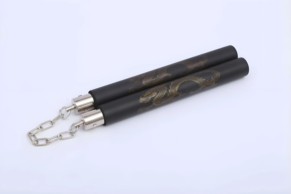 Sponge nunchakus with EVA foam padding on PVC pipe cores and iron chain connection